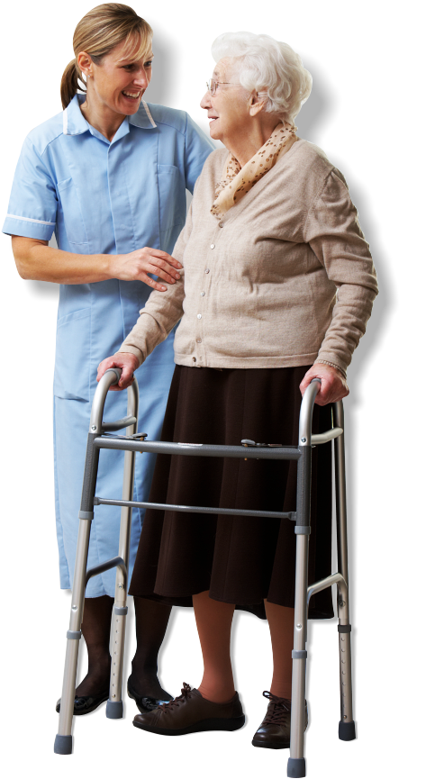 Caregiver assist the old woman while smiling